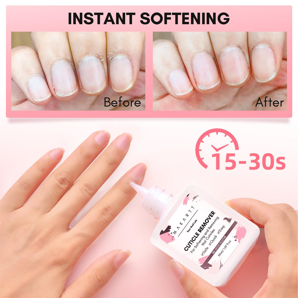 Makartt Cuticle Remover Liquid milky texture close-up for smooth nail prep.