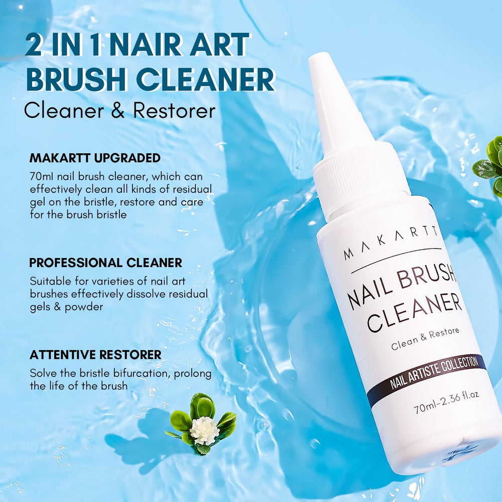 Dip and poly gel brushes being cared for with Makartt solution.