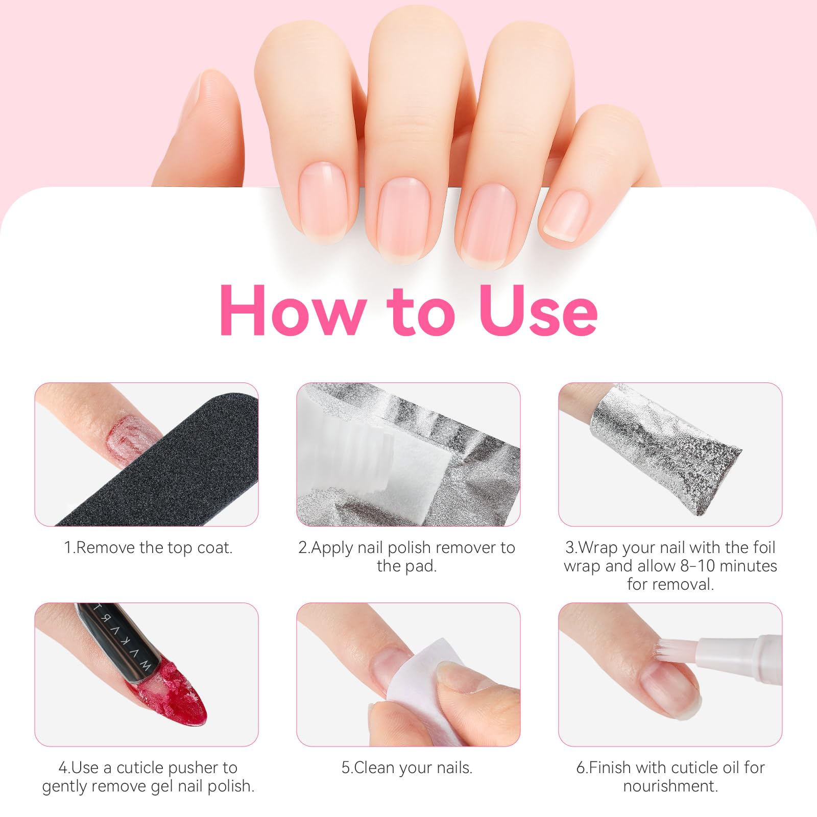 Makartt easy removal process demonstrating wrap and soak steps