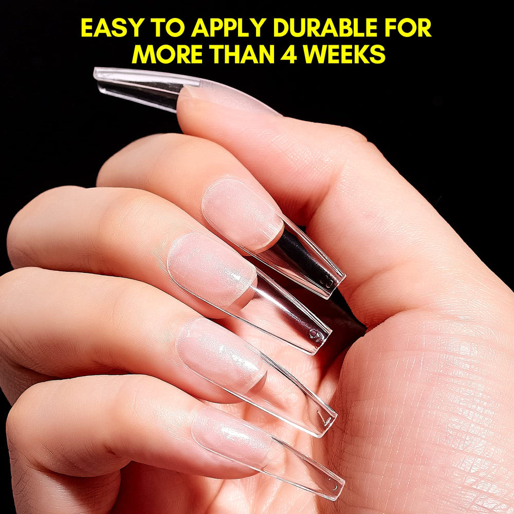 Makartt full-cover clear press-on nails for quick, sleek extensions.