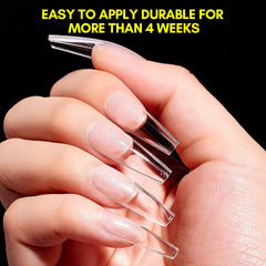 Makartt full-cover clear press-on nails for quick, sleek extensions.