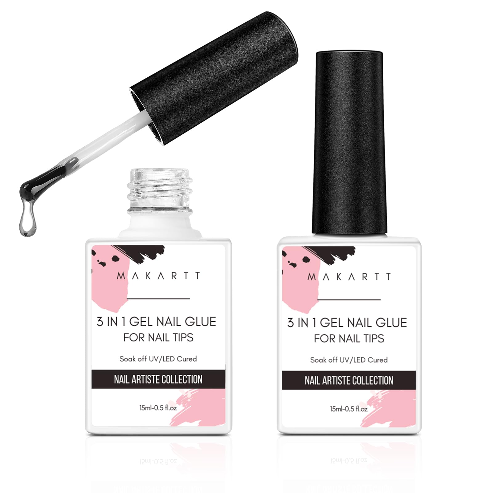Makartt gel nail glue bottle shows 3-in-1 use for adhesive, base coat, and slip solution.