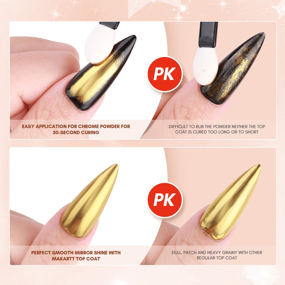 Makartt Gel Top Coat chrome powder application enables smooth, even reflection