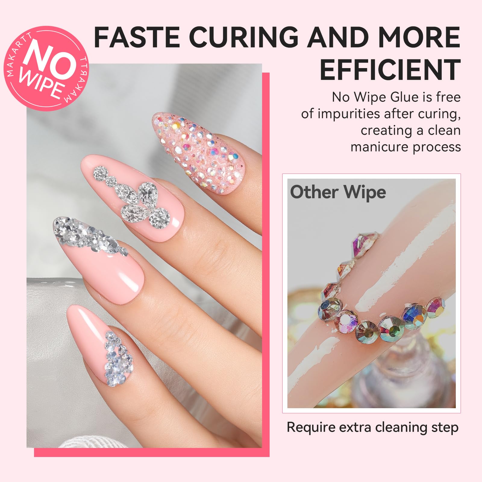 Makartt glue removable with a nail drill for easy refresh.
