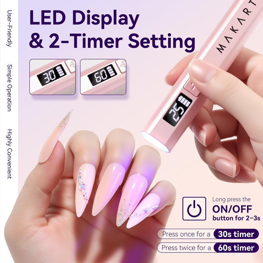 Makartt UV nail light LCD display shows timer and battery status.