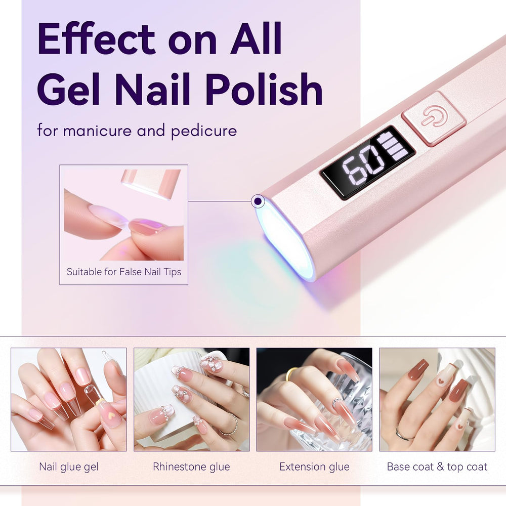 Makartt handheld UV nail light in use on a fingernail for salon-like results.