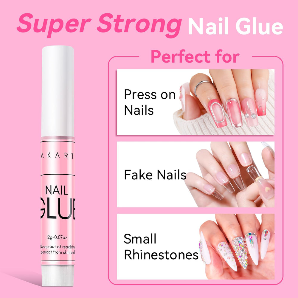 Makartt nail glue closeup demonstrates quick-setting adhesion for durable fake nails.
