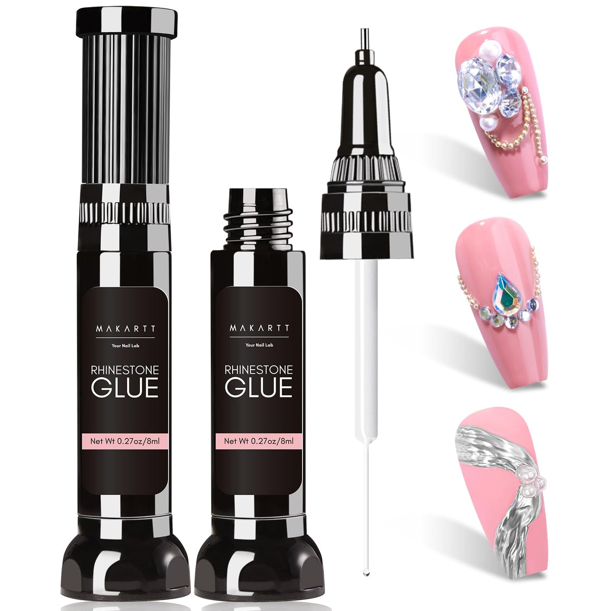 Makartt Nail Rhinestone Glue Gel dual-head design enables precise adhesion for detailed nail art.