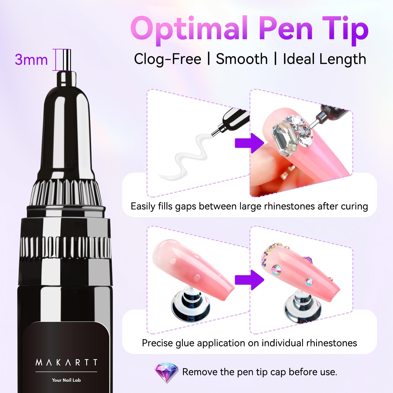 Makartt Nail Rhinestone Glue Gel uses a pen tip for tiny placements and precision.