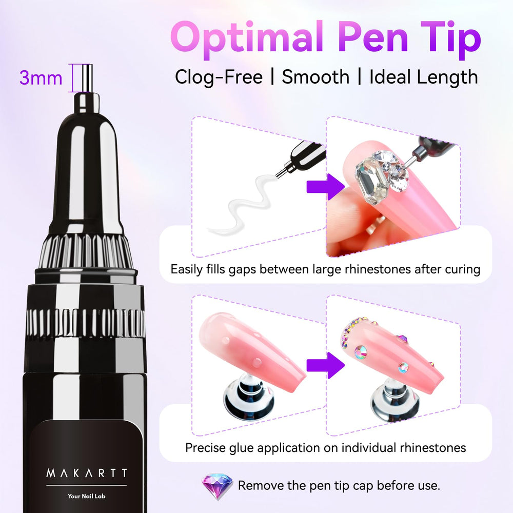 Makartt Nail Rhinestone Glue Gel uses a pen tip for tiny placements and precision.