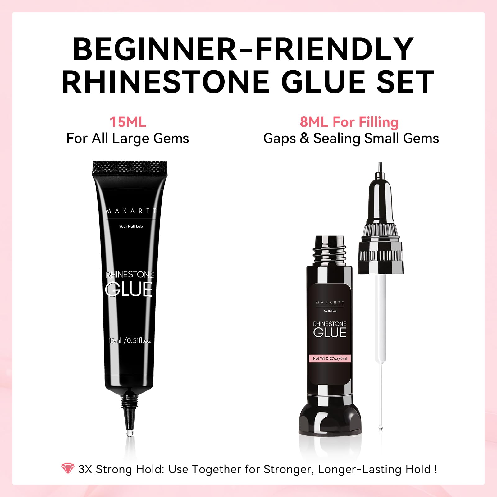 Makartt rhinestone glue set 8ml brush tip application shown for easy use.