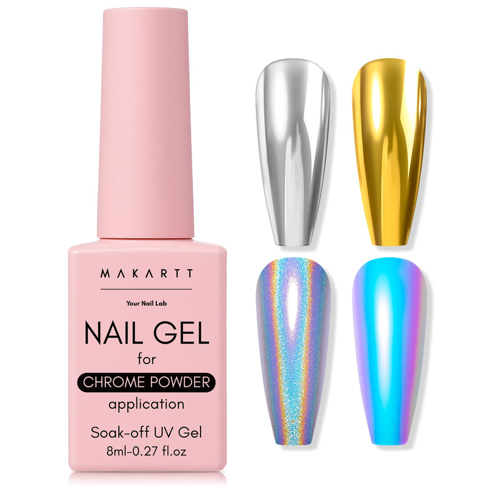 Makartt No Wipe Gel Top Coat with chrome powder for a smooth, reflective shine