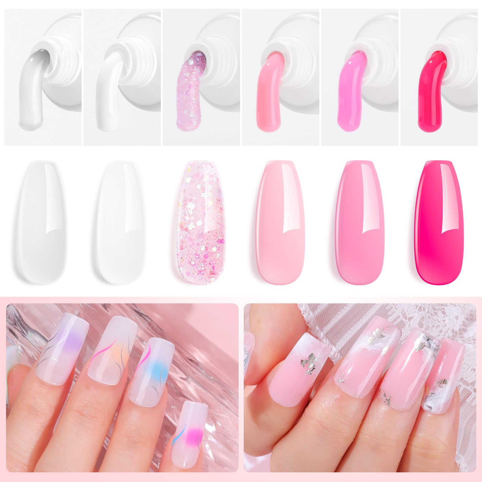 Makartt poly nail gel pink shades with romantic hues and subtle shimmer.