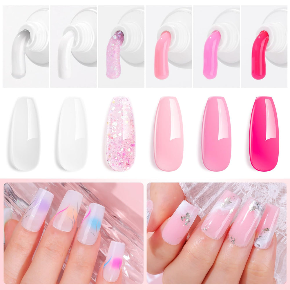 Makartt poly nail gel pink shades with romantic hues and subtle shimmer.
