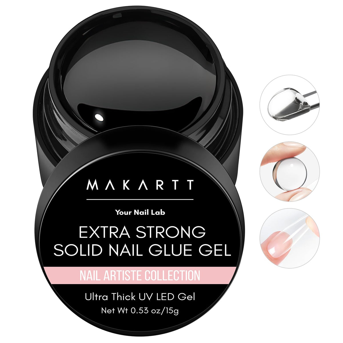 Makartt Solid Nail Glue Gel bottle close-up; crystal-clear formula for secure nail adhesion.