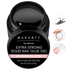 Makartt Solid Nail Glue Gel bottle close-up; crystal-clear formula for secure nail adhesion.