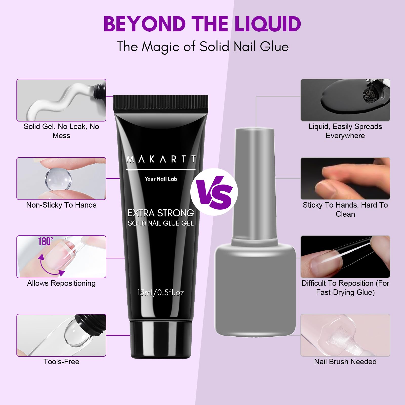 Makartt solid nail glue gel one-handed use enables easy, mess-free application.