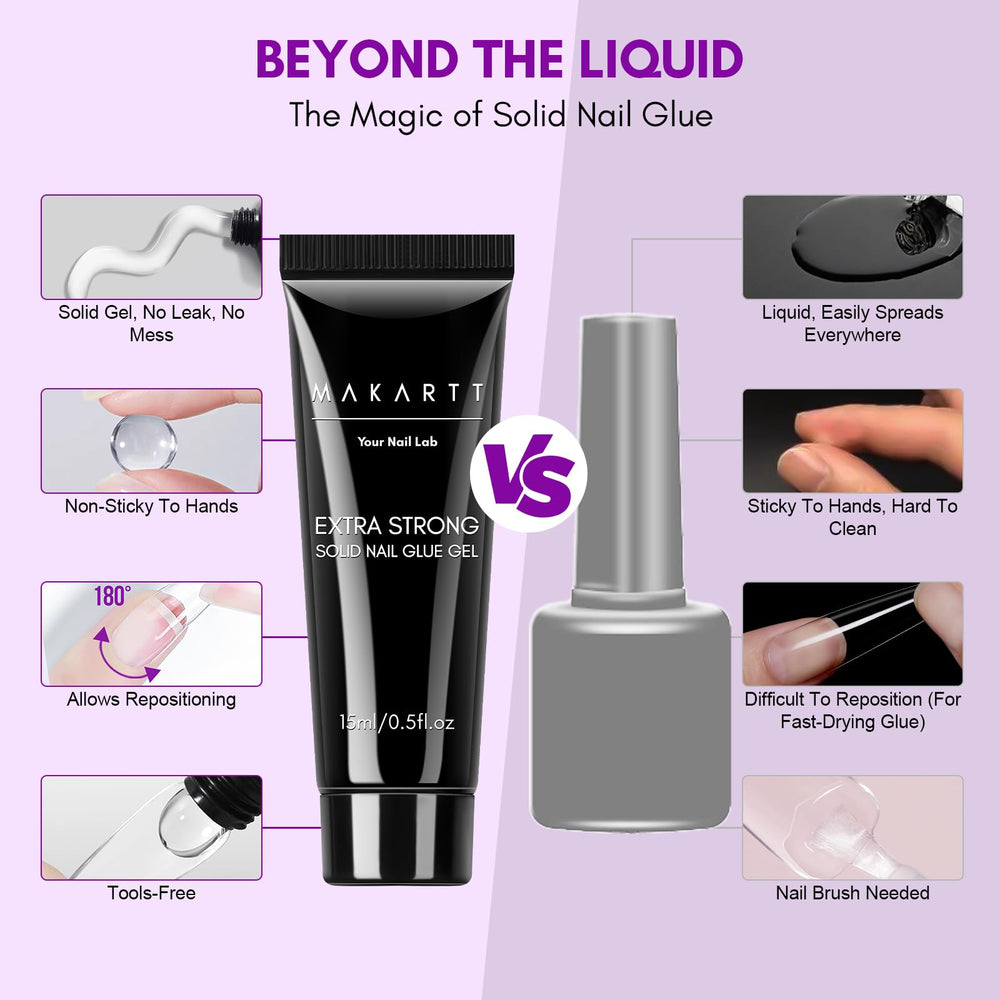 Makartt solid nail glue gel one-handed use enables easy, mess-free application.