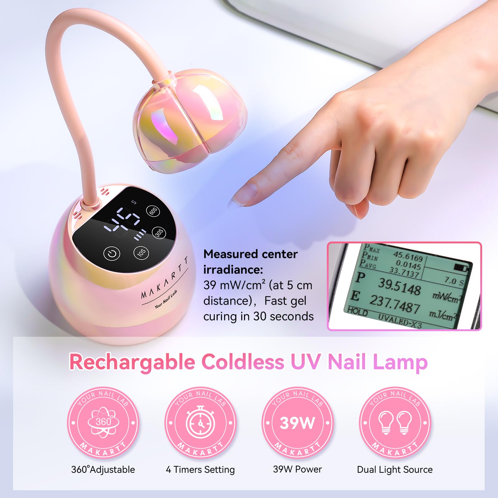 Makartt cordless nail lamp demonstrates portability for on-the-go manicures.
