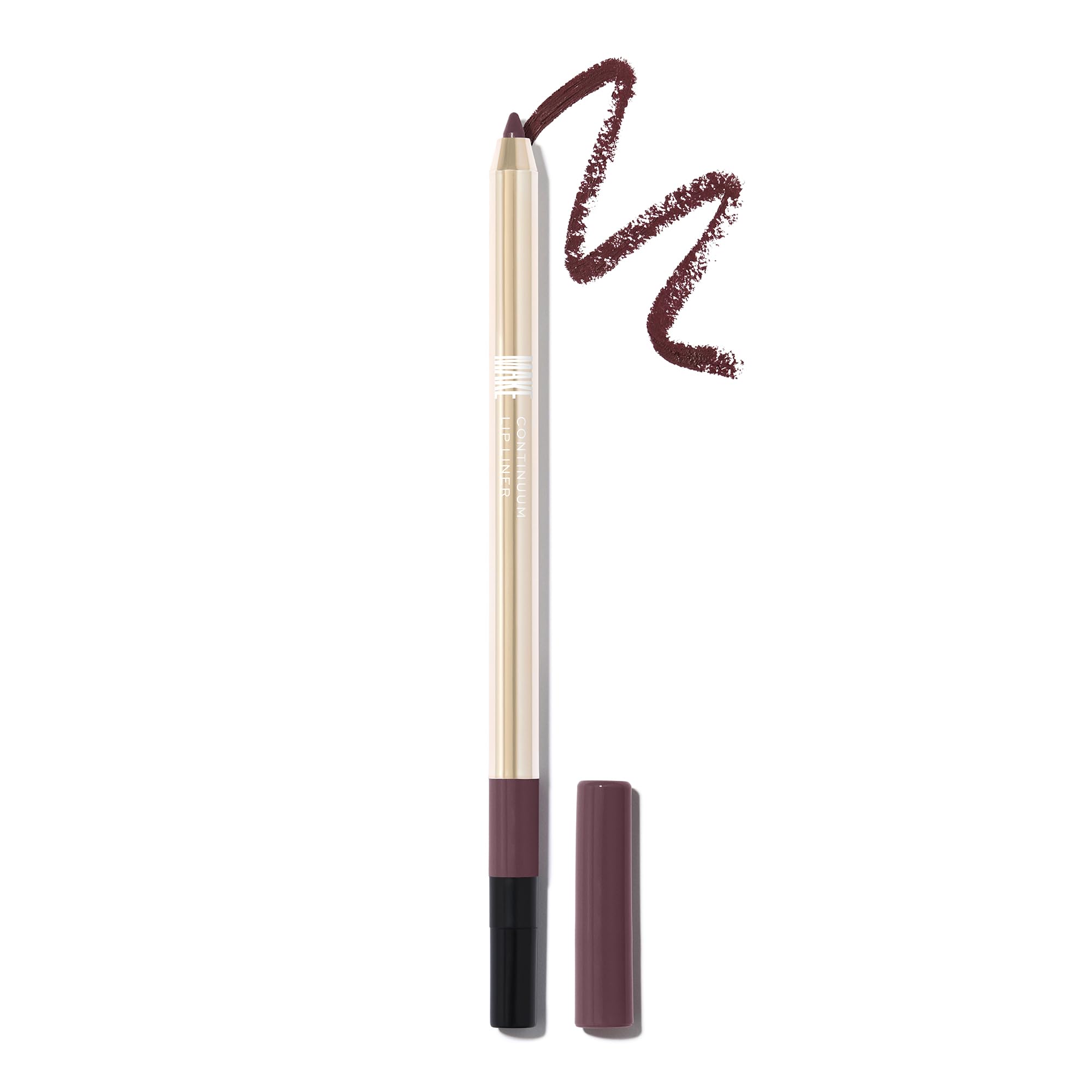 MAKE Beauty Momentum burgundy-brown lip liner swatch on skin for defined lips.