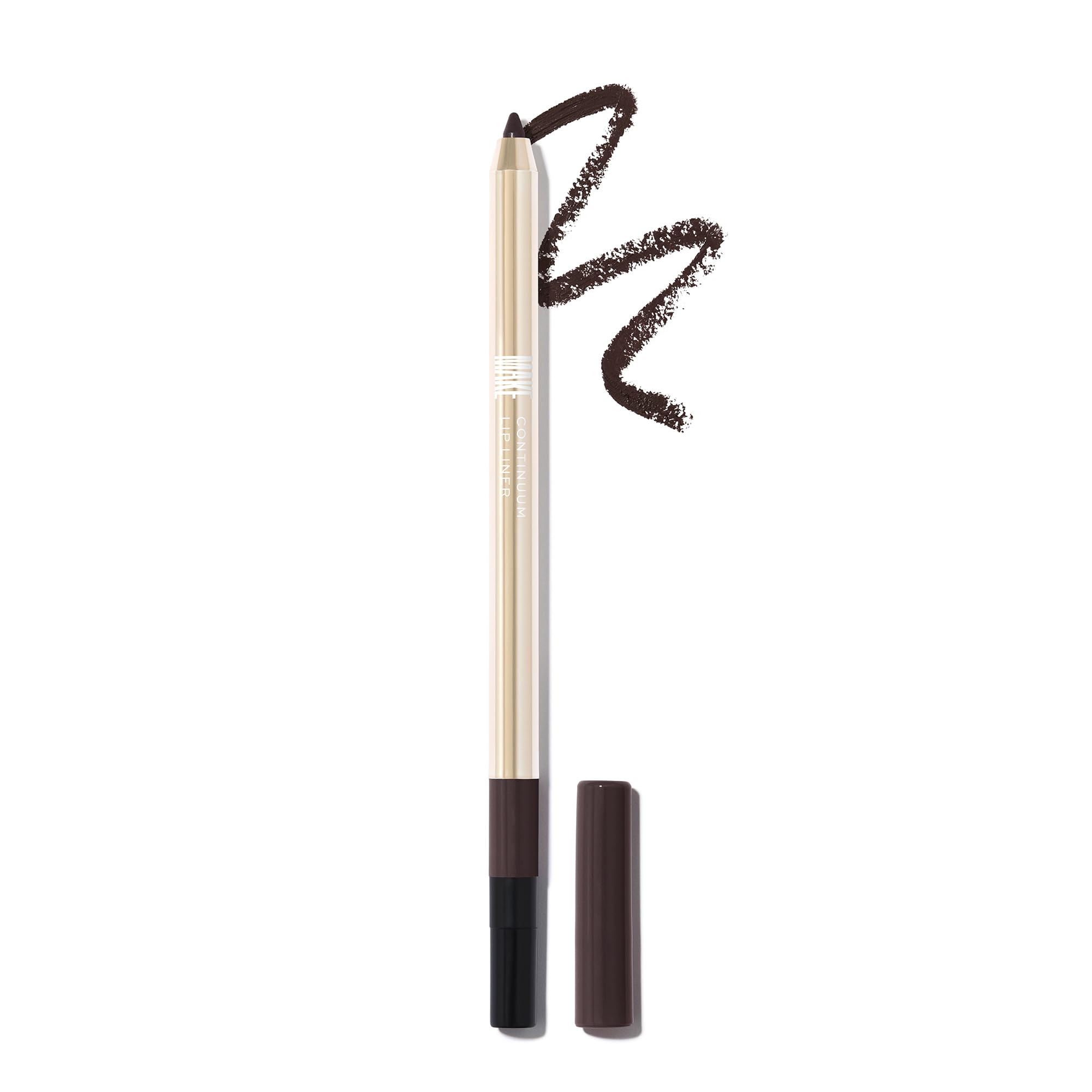 MAKE Beauty Continuum lip liner Quantum swatch shows deep brown pigment
