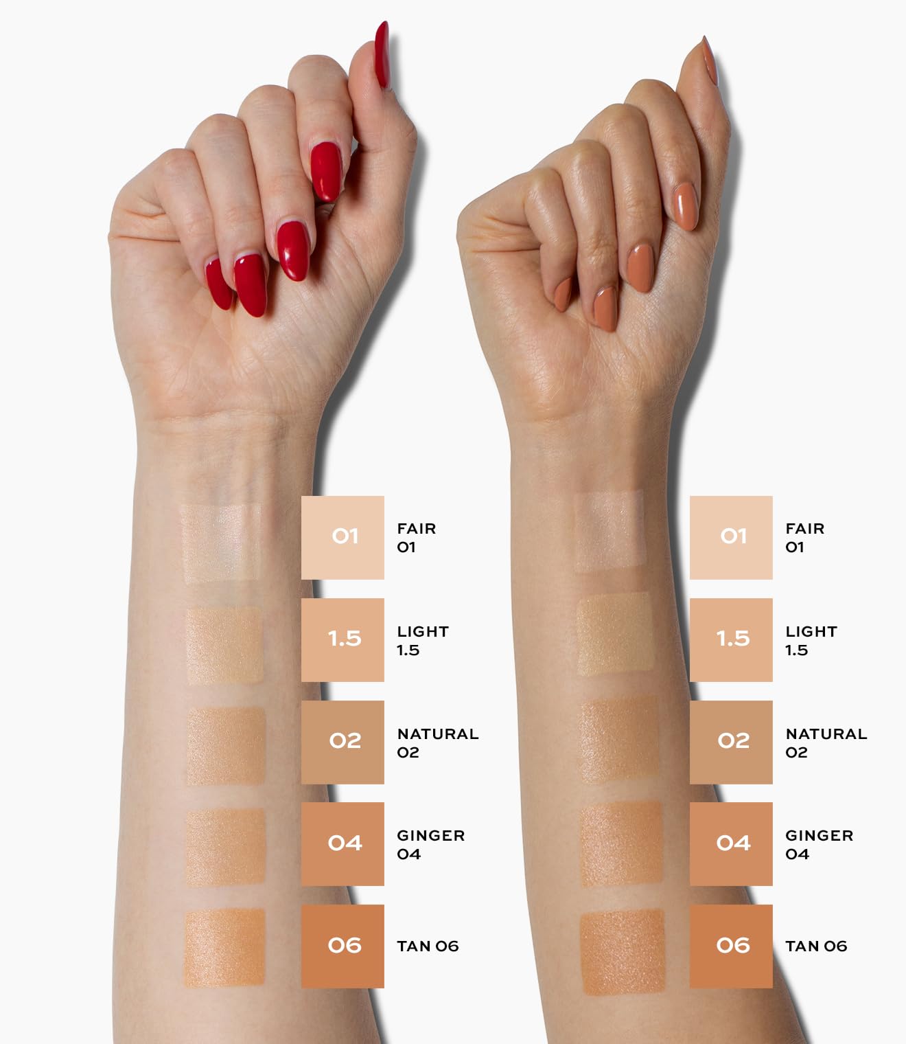 Swatches of MAKE Diffusion Dew Skin Tint indicating buildable sheer to medium coverage