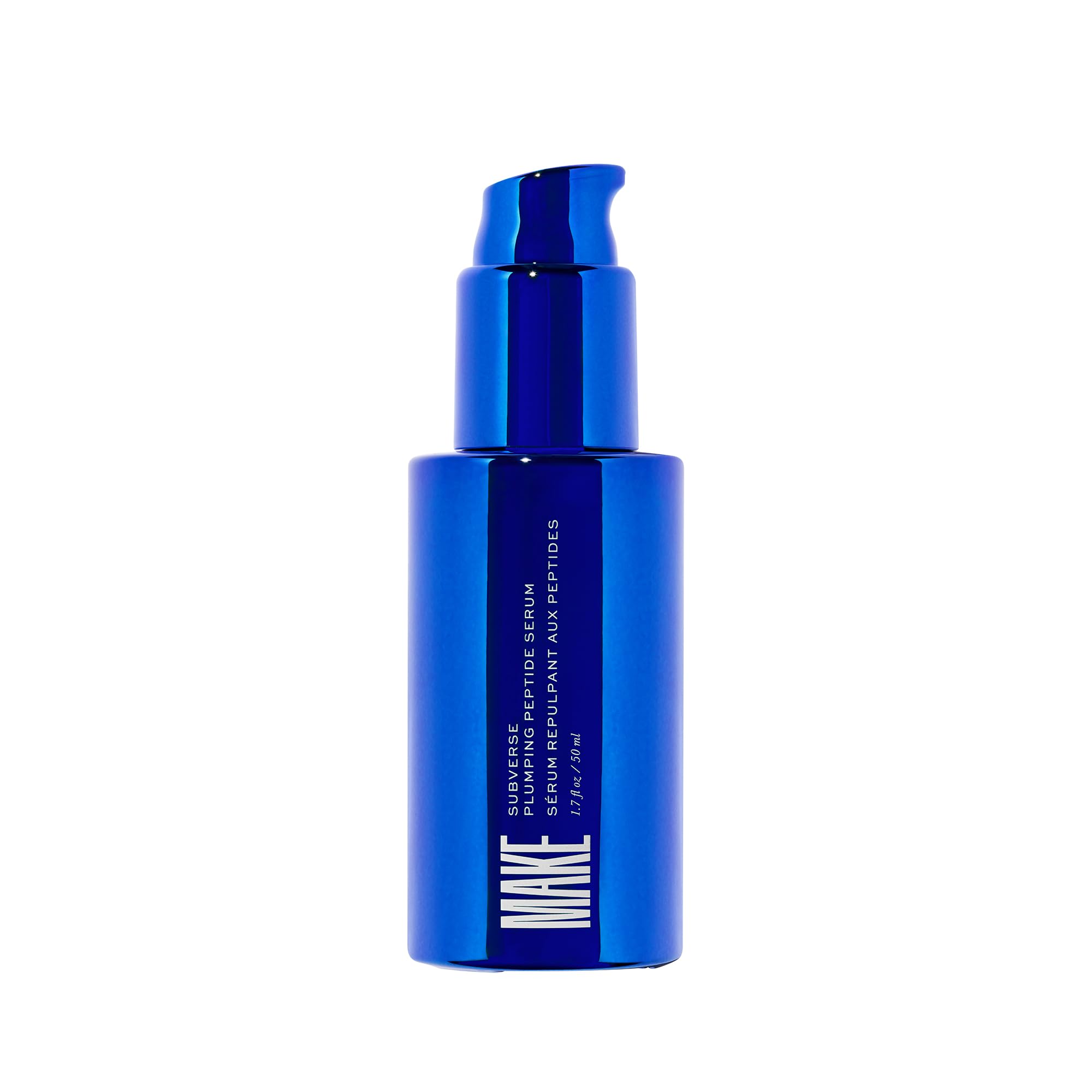 MAKE Beauty Subverse serum bottle closeup highlighting its hydrating, plumping formula for radiant skin.