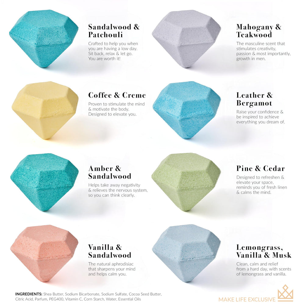 Make Life Exclusive diamond shape bath bomb front showcases masculine design and scent variety