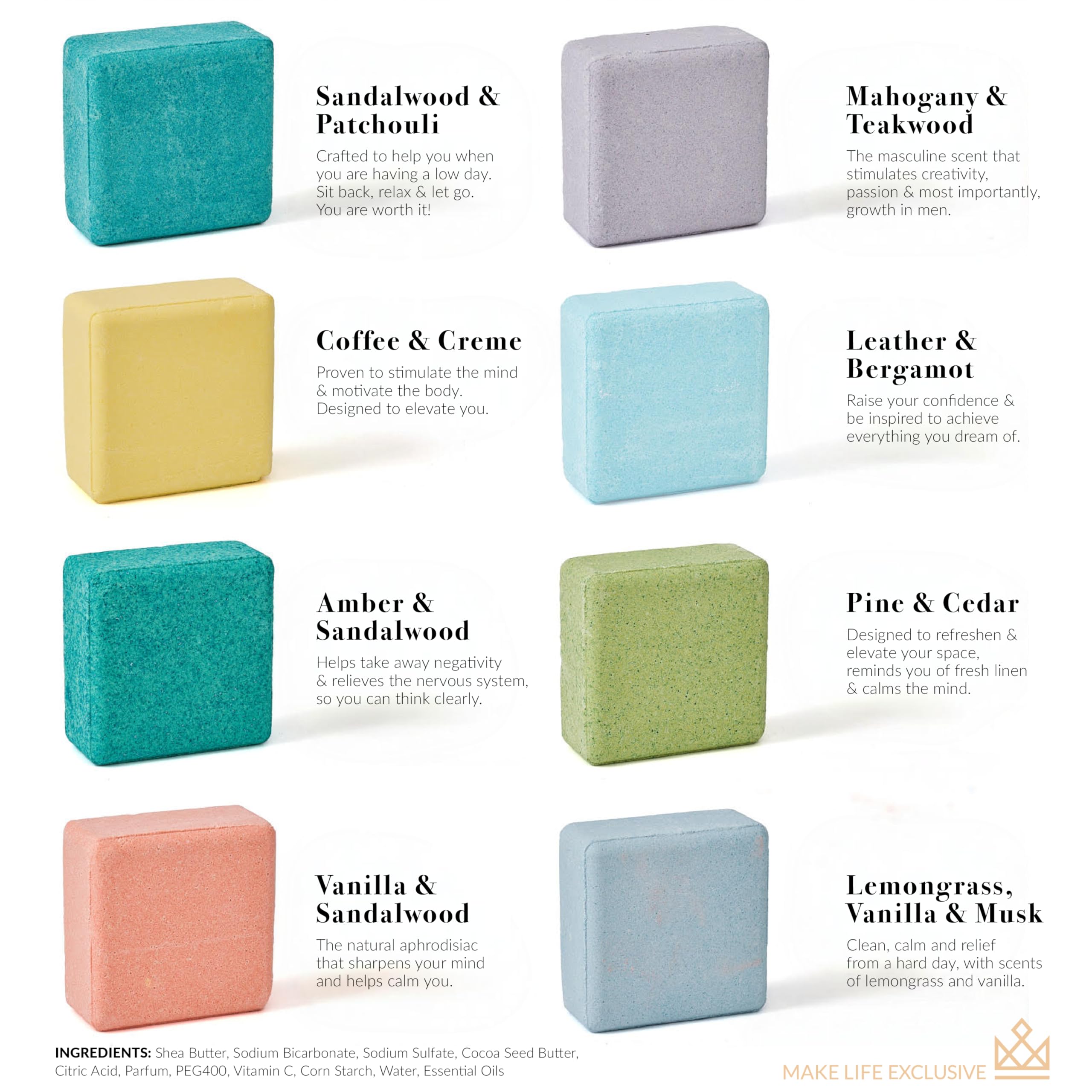 MAKE LIFE EXCLUSIVE eight large 5oz bath bombs deliver long-lasting fragrance.