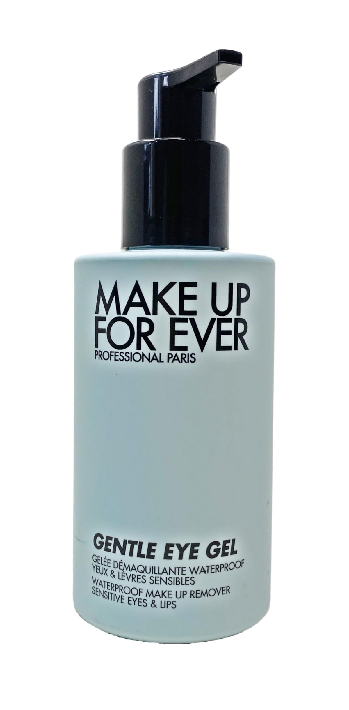 Make Up For Ever Gentle Eye Gel Remover bottle close-up, fragrance-free and alcohol-free for sensitive eyes.