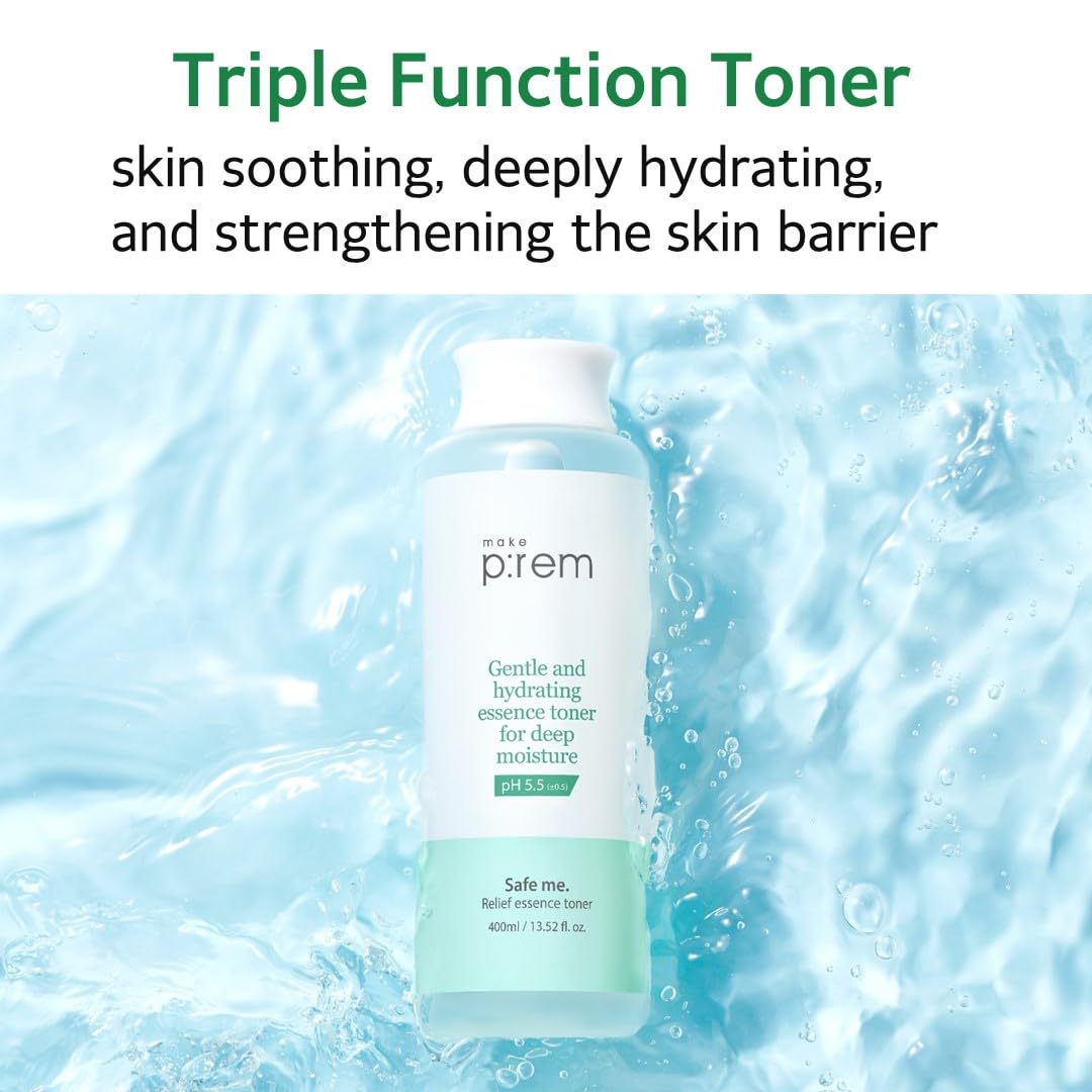 Safe Me Relief Essence Toner applied on skin for even hydration and quick absorption.