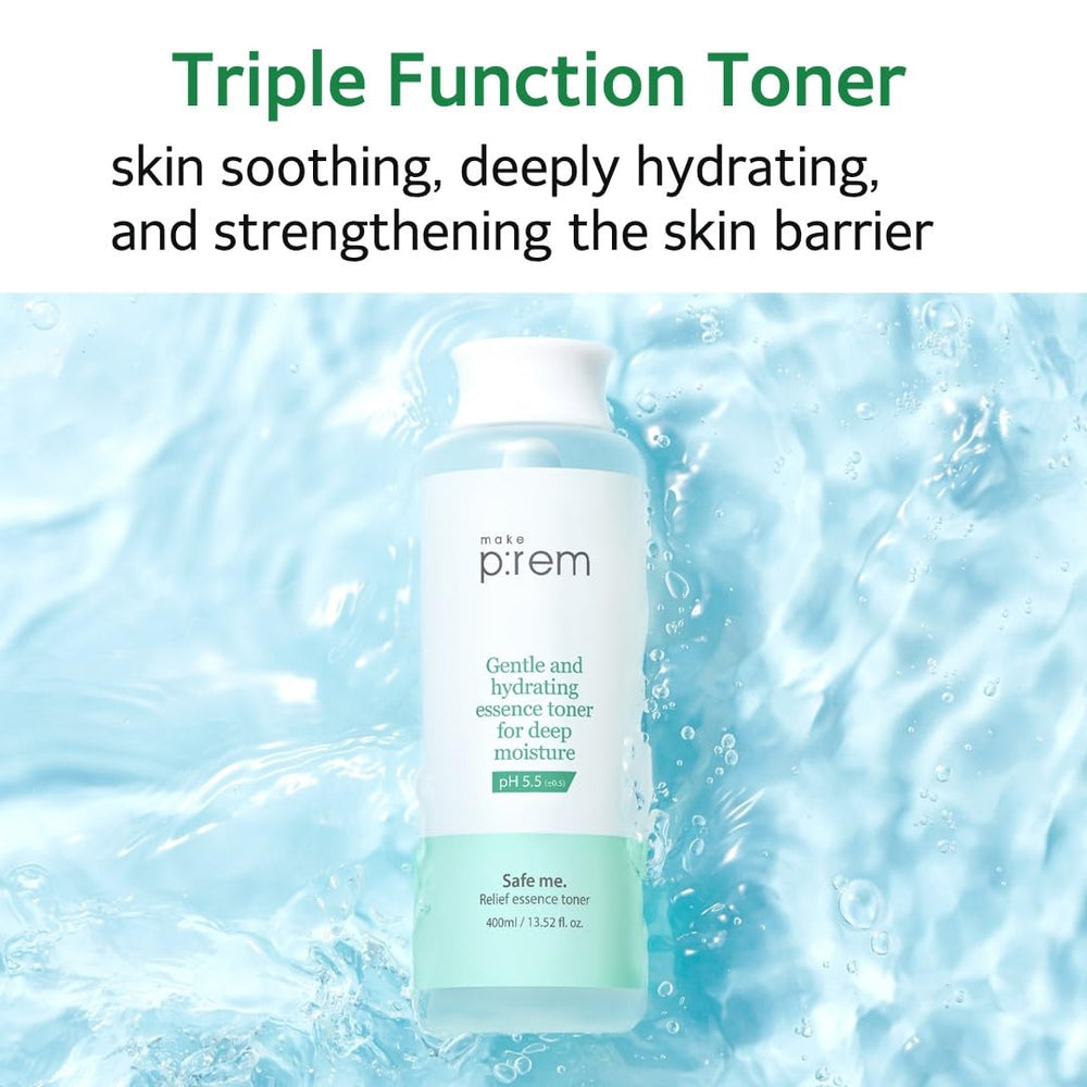 Safe Me Relief Essence Toner applied on skin for even hydration and quick absorption.