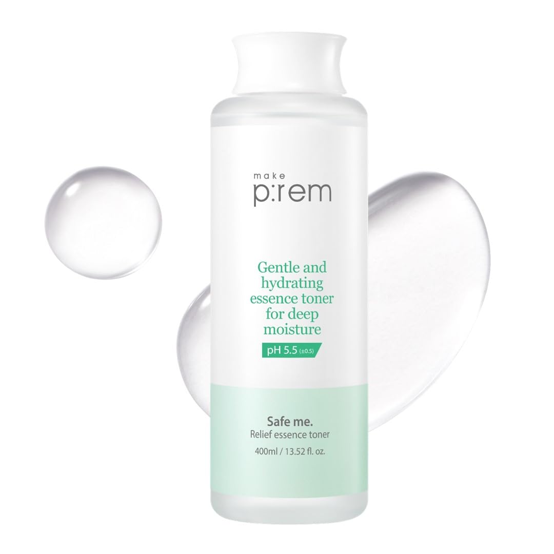 MakeP-REM Safe Me Relief Essence Toner bottle designed for daily hydration and easy use.