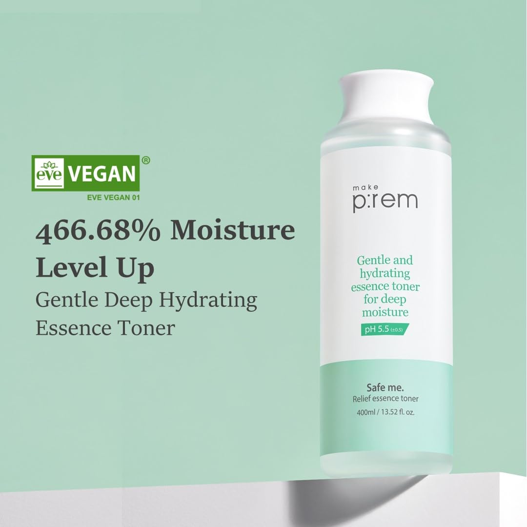 Close-up of the dispenser on MakeP-REM Safe Me Relief Essence Toner showing smooth flow.