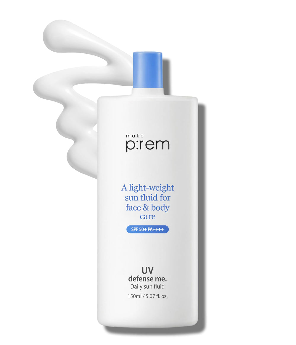 MAKEPREM Defense Me daily sun fluid bottle offers broad UV protection for face and body.