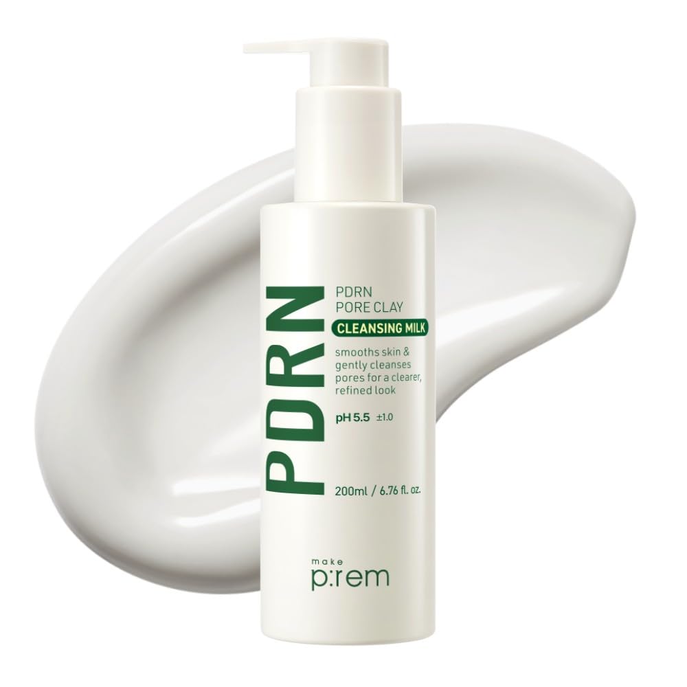 MAKE P:REM PDRN Pore Clay Cleansing Milk bottle close-up showing oil-control cleansing and hydration