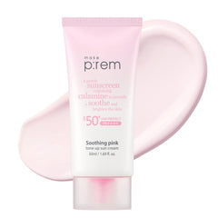 Make P:REM Soothing Pink Tone Up Sunscreen bottle pour shows lightweight mineral protection and glow