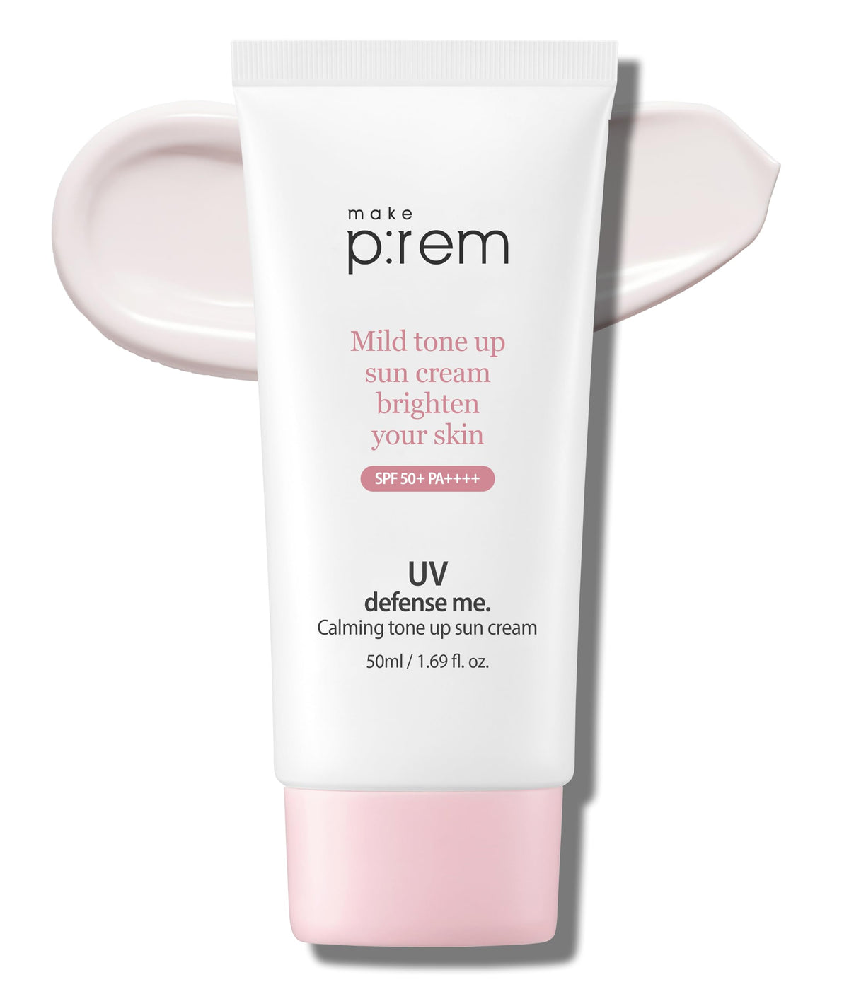 Makeprem UVA UVB Defense sun cream tube front showing SPF 50+ protection for sensitive skin.