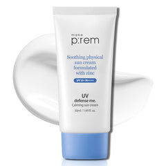Tube MAKEPREM UVA UVB Defense Me, crème solaire à haute protection SPF50+.