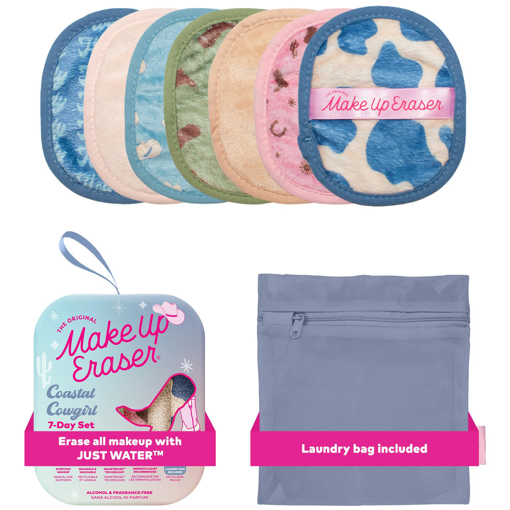 MakeUp Eraser 7-Day Set demonstrates water-only removal for all-day makeup.
