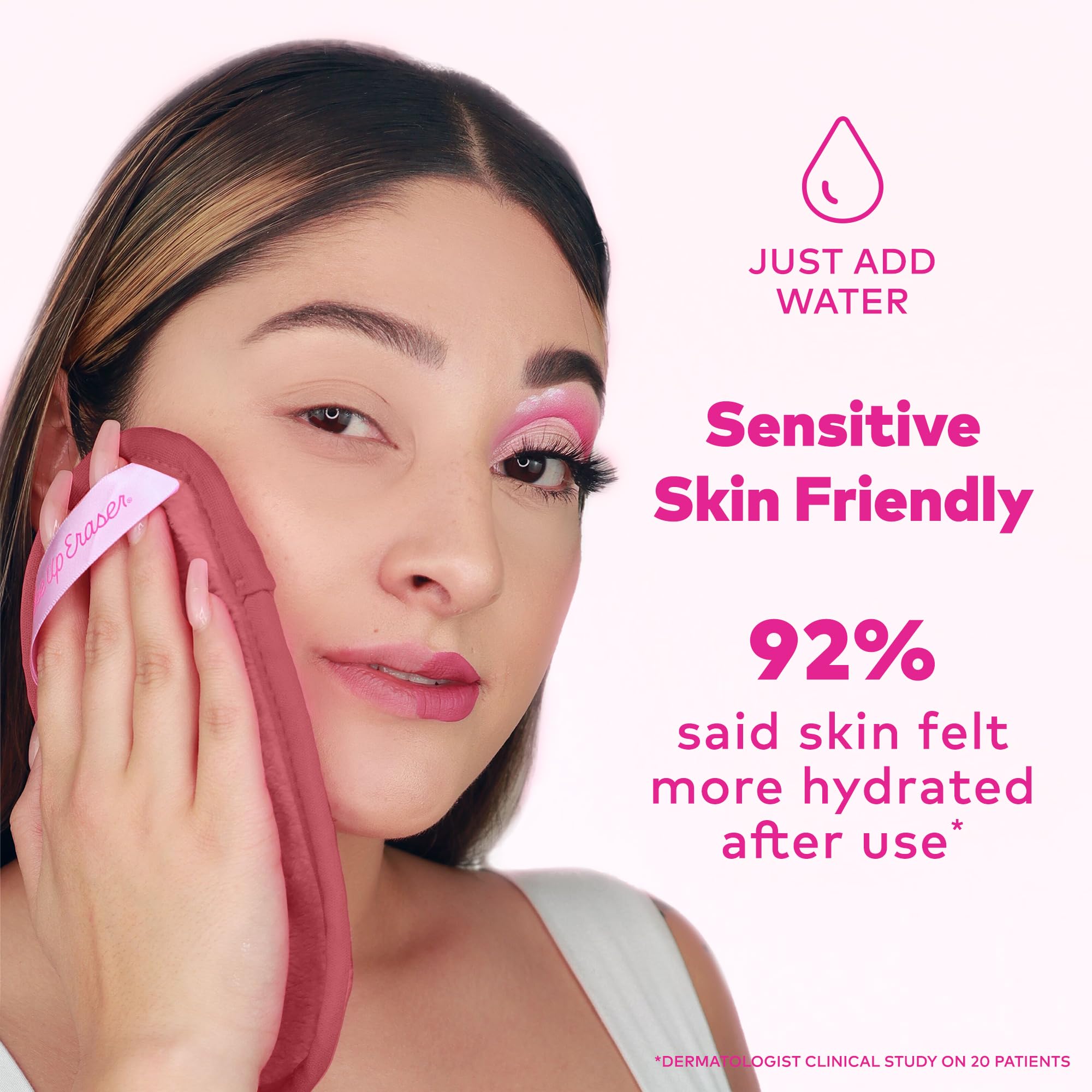 MakeUp Eraser Mini PRO fibers illustrate water-activated makeup removal action.