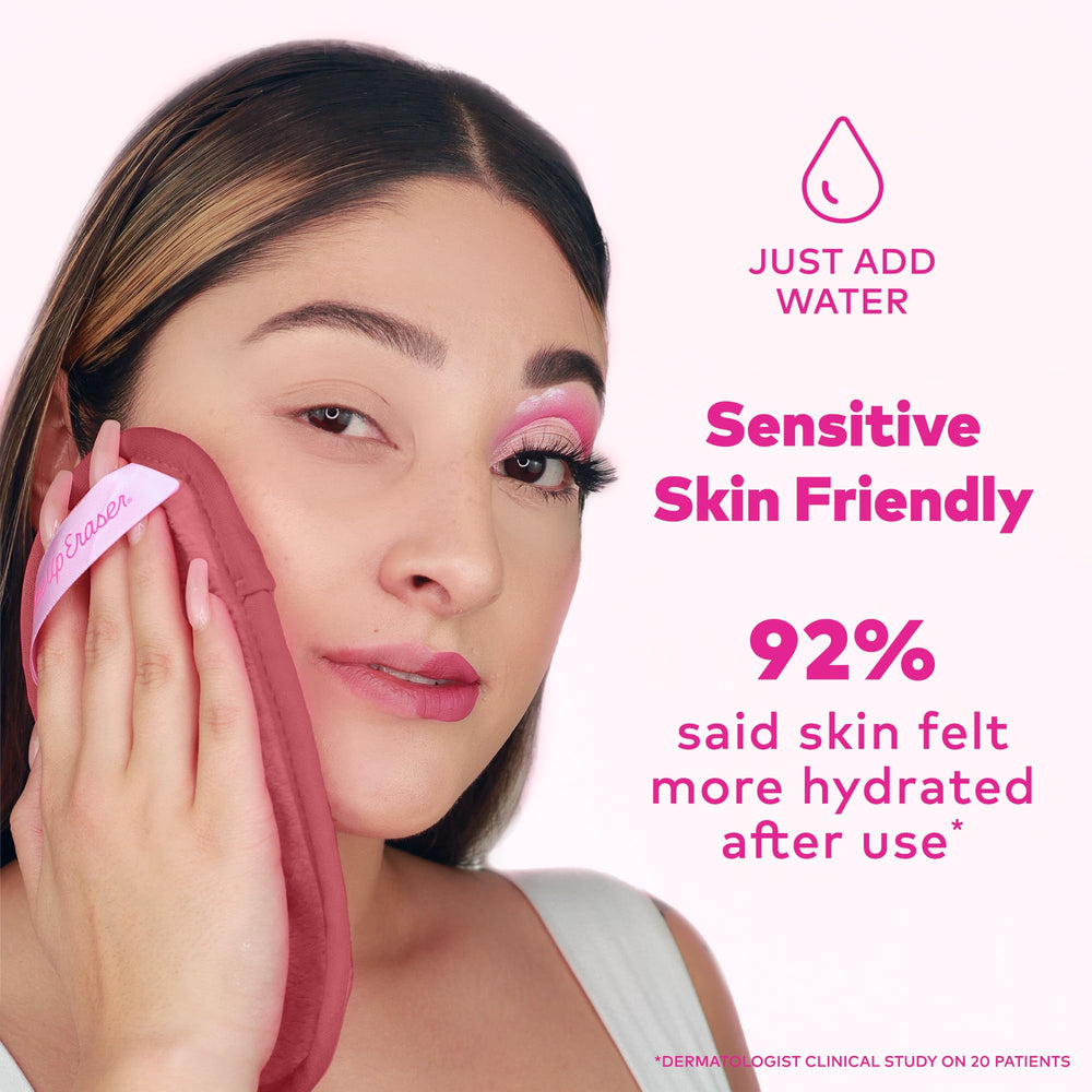 MakeUp Eraser Mini PRO fibers illustrate water-activated makeup removal action.