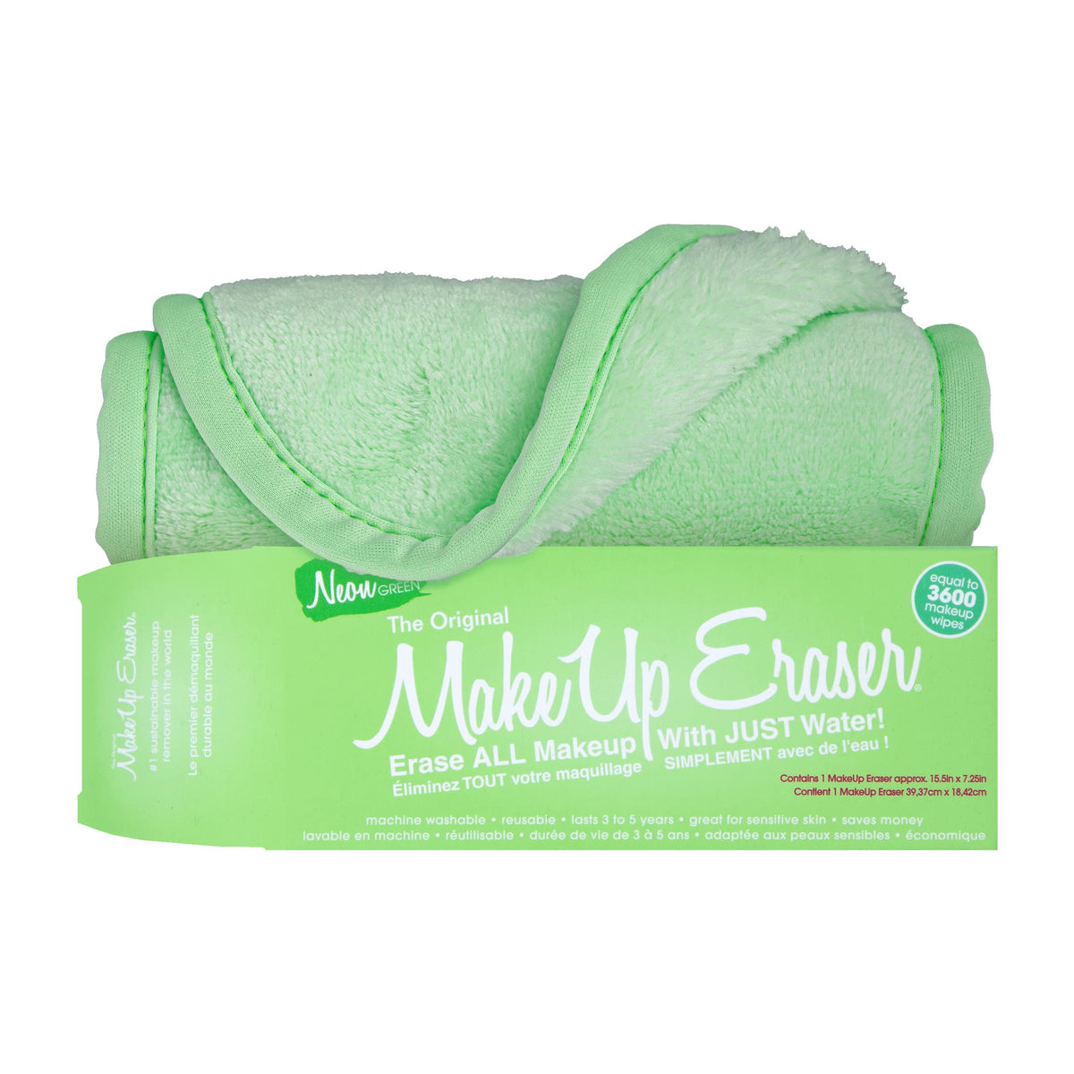 MakeUp Eraser Neon Green bottle closeup shows clean design and reusable makeup removal