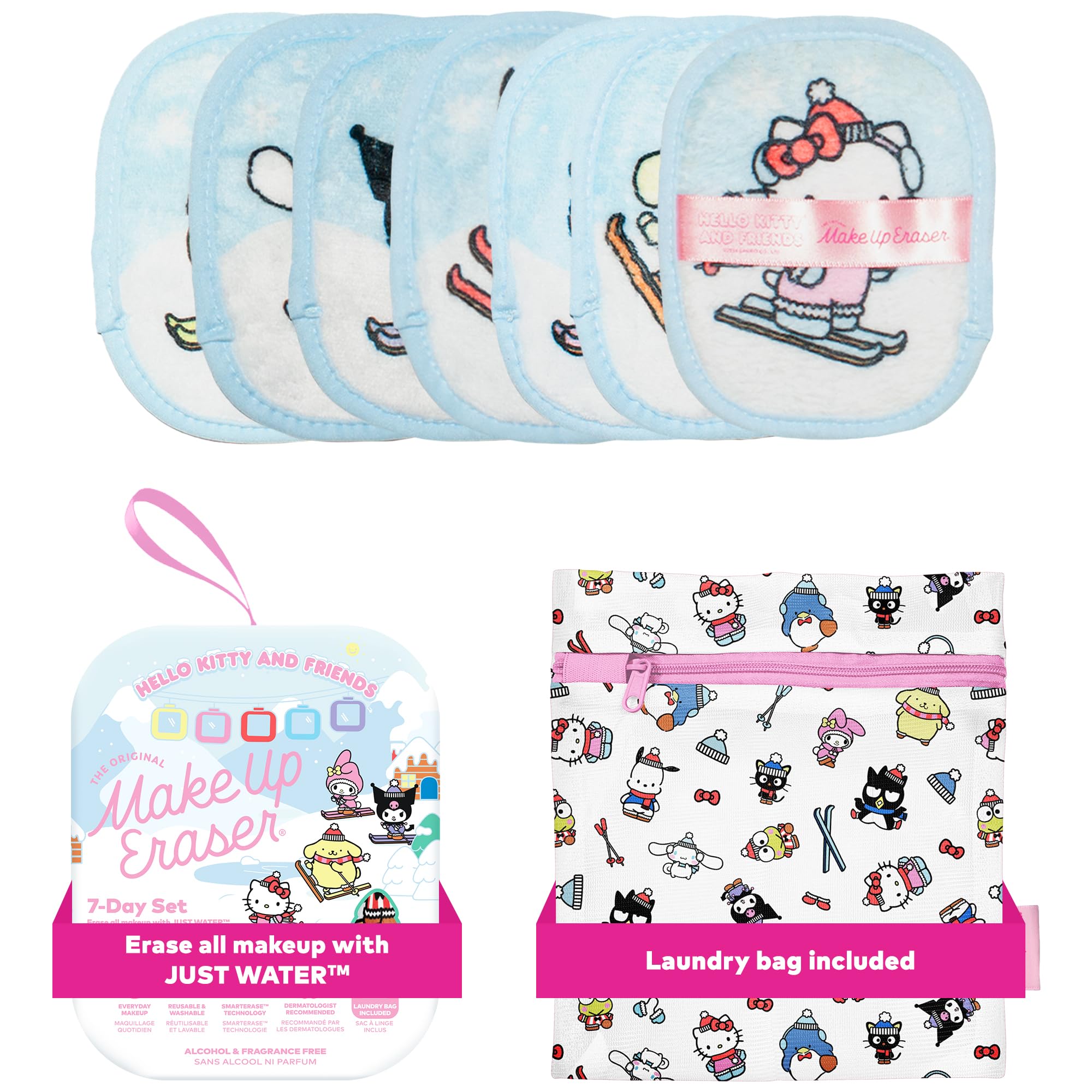 MakeUp Eraser original seven-day Hello Kitty Skiing box shows water-only makeup removal.