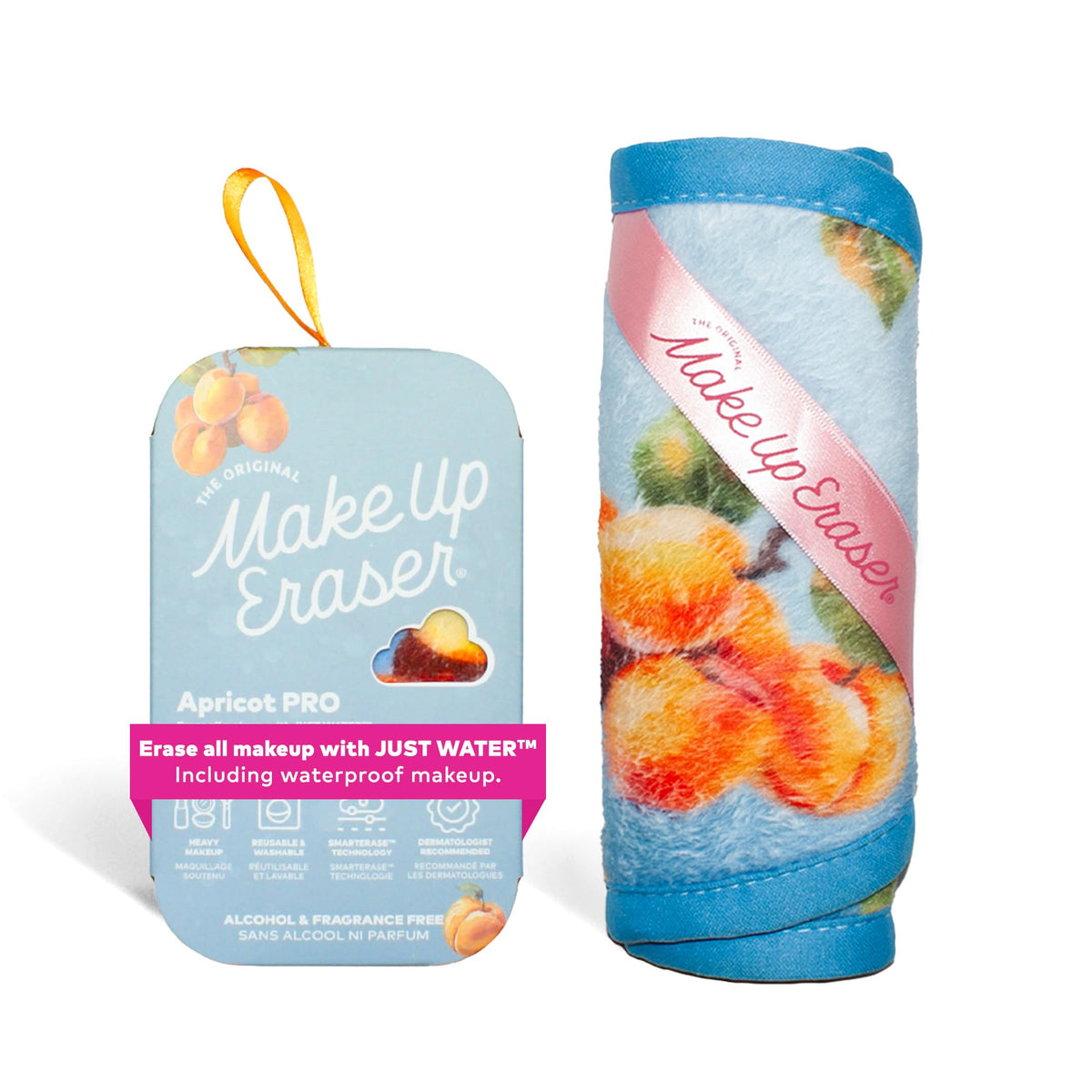 MakeUp Eraser PRO apricot bottle close-up illustrating water-only makeup removal