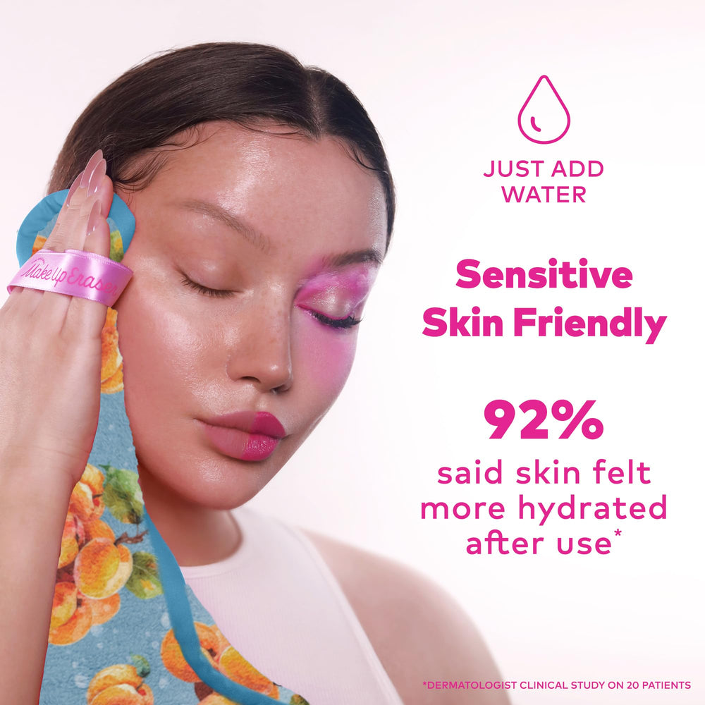 MakeUp Eraser PRO apricot in use with water showing water-only makeup removal
