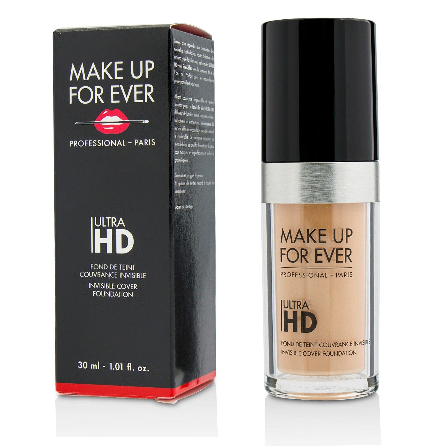 Make Up For Ever HD Ultra Foundation bottle close-up, lightweight, natural finish.