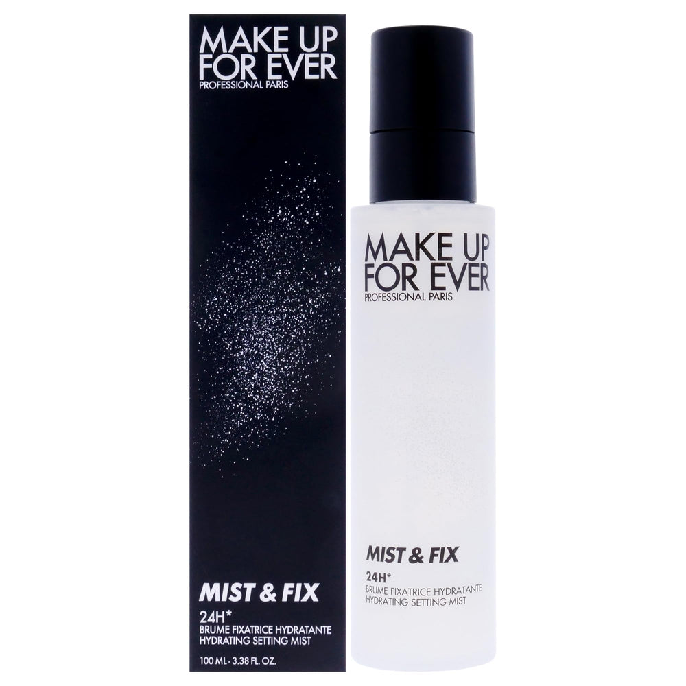 Make Up For Ever Mist and Fix bottle close-up showing compact packaging for long-lasting hydration