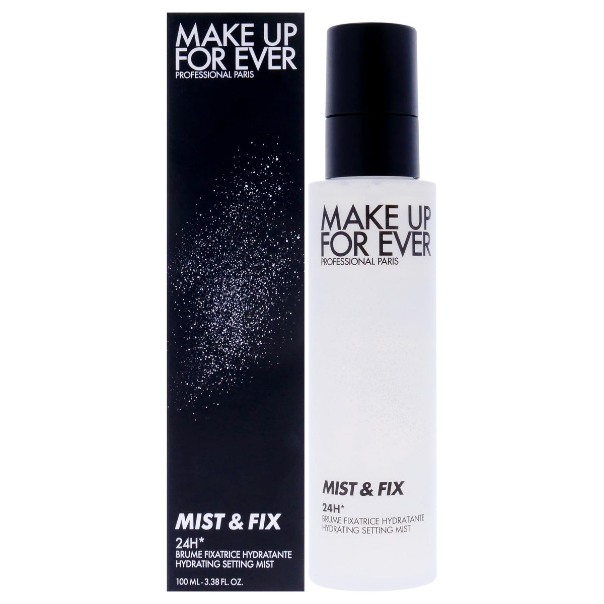 Make Up For Ever Mist and Fix bottle close-up showing compact packaging for long-lasting hydration