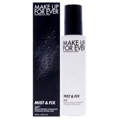 Make Up For Ever Mist and Fix bottle close-up showing compact packaging for long-lasting hydration